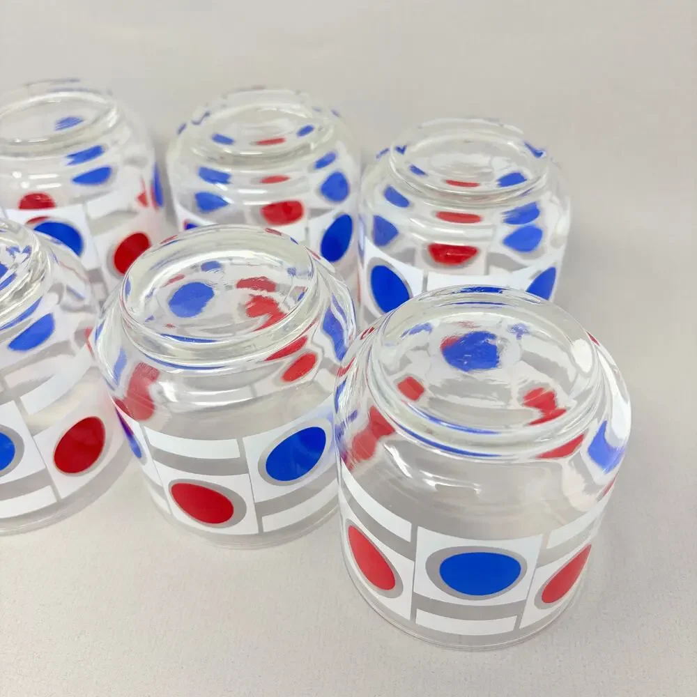 Set of 8 Vintage MCM Libbey Patriotic Red White Blue Dot Pattern Low Ball READ